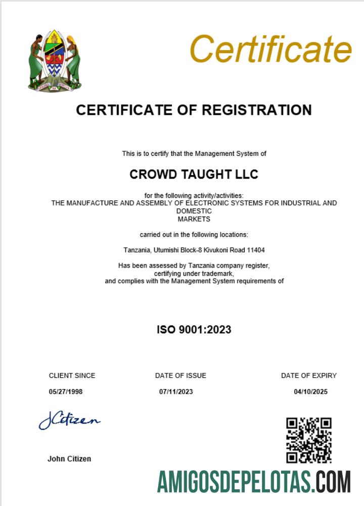 Modelo realista de certificado de registro comercial da Tanzânia em Word e PDF